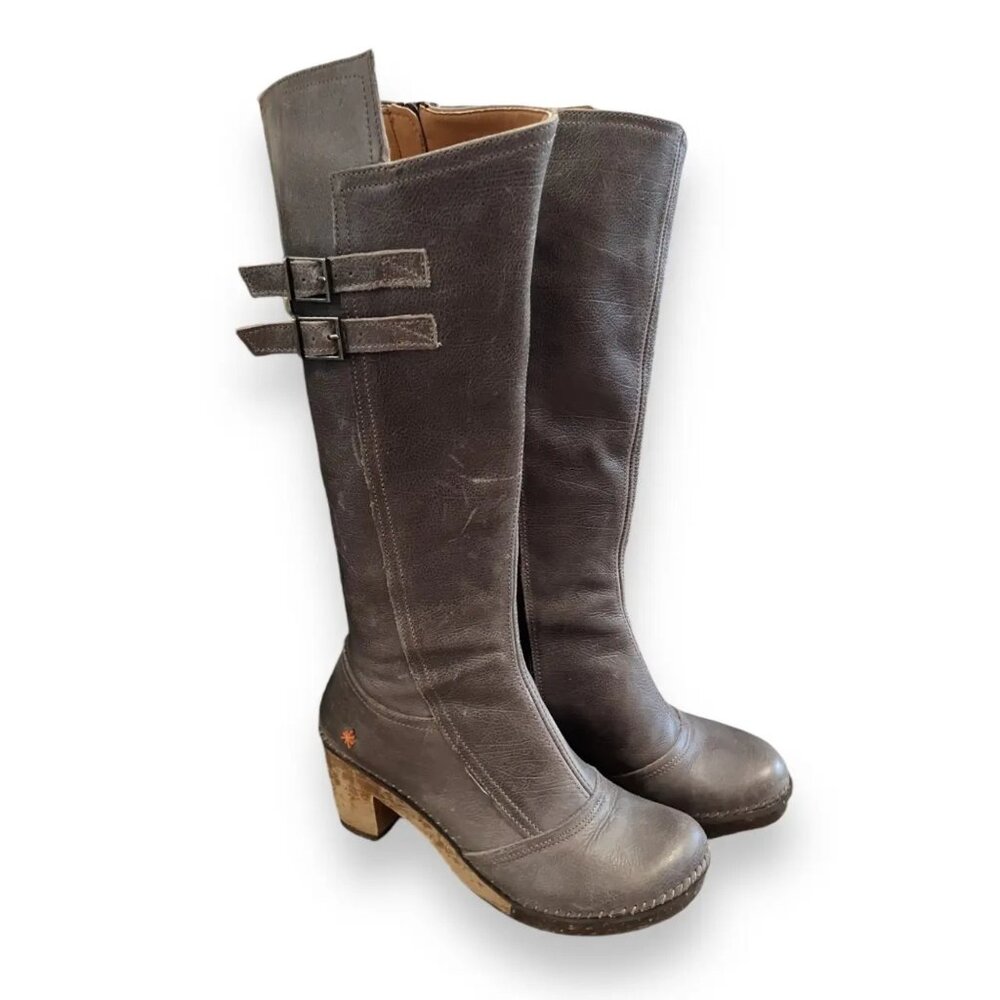Leather Boots Art Company Knee High Grey Nubuck with Side Zip and Buckle Size 7
